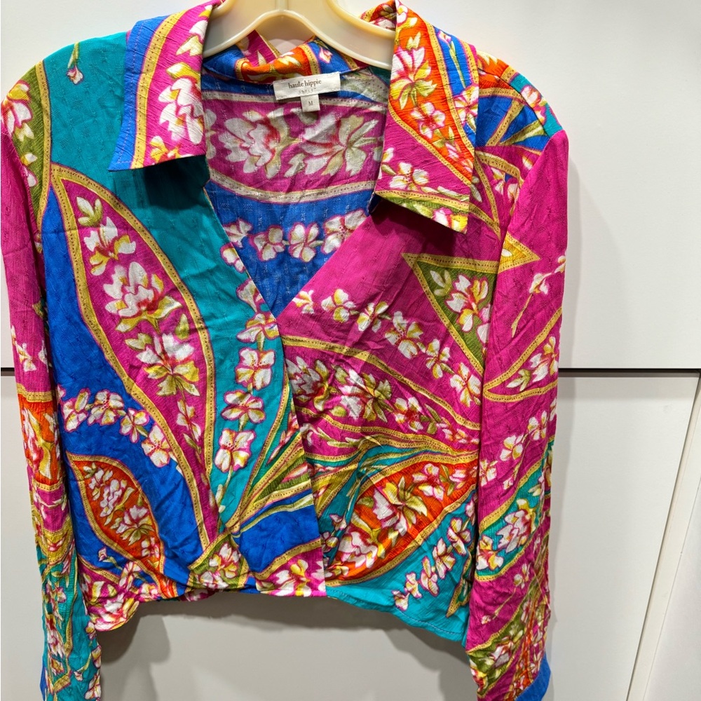 Haute Hippie Sz M Bright Floral Surplice Top Vacation BoHo Festival
